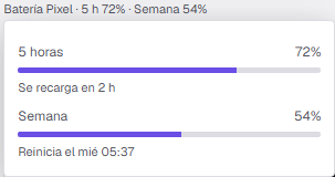 Batería Pixel: 5 horas al 72 %, se recarga en 2 h; semana al 54 %