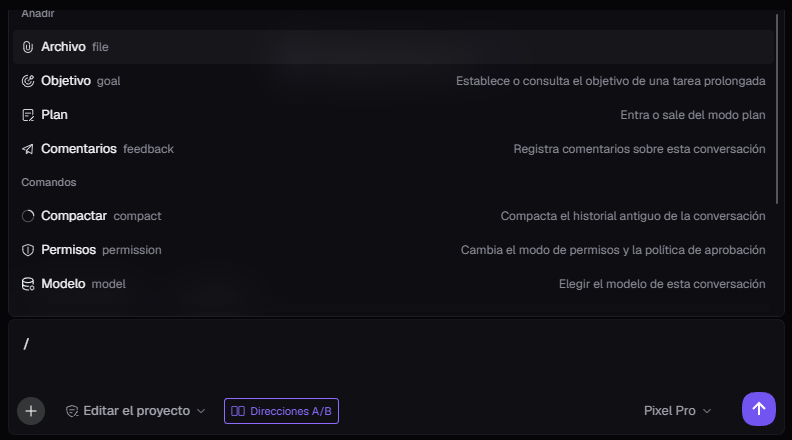 Menú de comandos: Archivo, Objetivo, Plan, Comentarios, Compactar, Permisos y Modelo