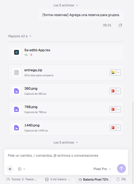 Conversación con Razonó 42 s, Se editó App.tsx, entrega.zip y capturas