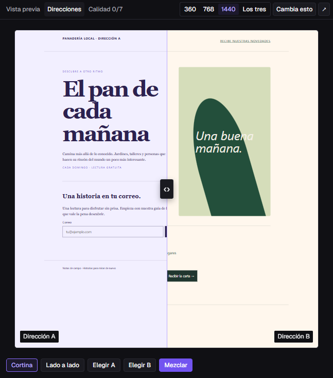 Cortina que compara la dirección A, editorial y violeta, con la dirección B, verde y cálida