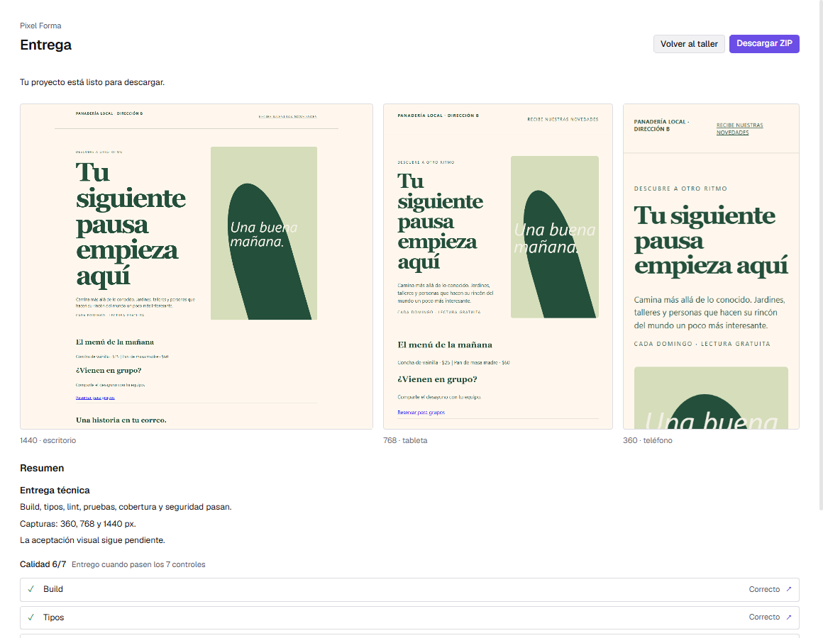 Entrega con Volver al taller, Descargar ZIP, capturas a 1440, 768 y 360 px y el resumen técnico