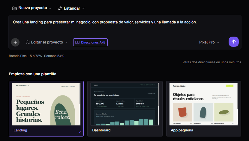 Inicio con un brief escrito, Direcciones A/B activado y tres plantillas: landing, dashboard y app pequeña