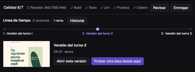 Línea de tiempo con tres versiones y una rama; la versión del turno 2 con Abrir esta versión y Probar otra idea desde aquí