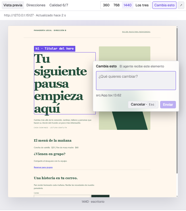 Cambia esto sobre el titular del hero, con el campo ¿Qué quieres cambiar? y la ruta src/App.tsx:13:62