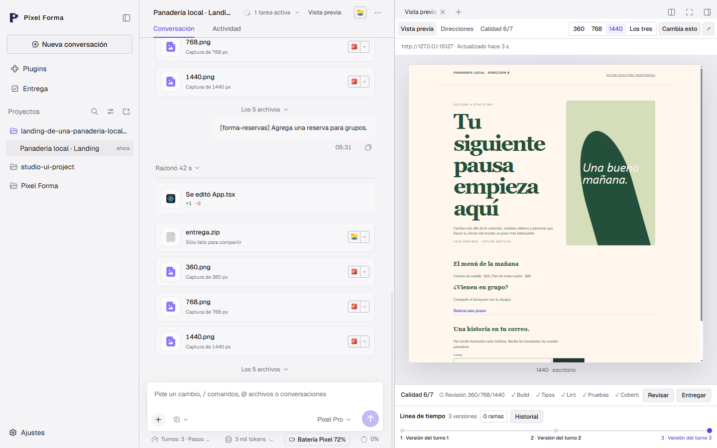Pixel Forma en tema claro: conversación, vista previa a 1440, calidad 6/7 y línea de tiempo
